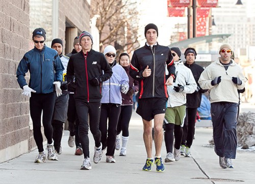 Erci Gillis [Canada's #2 ranked marathoner] and middle distance guy Tommy Lecours [in shorts!] lead out their group for Sporting Life Toronto 10K Tune Up Training run on Sunday