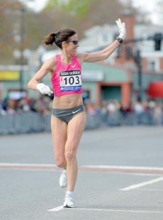 Denise waving at the 2010 Boston marathon. Photo: Lisa Cassidy/courtesy metrowestdailynews.com