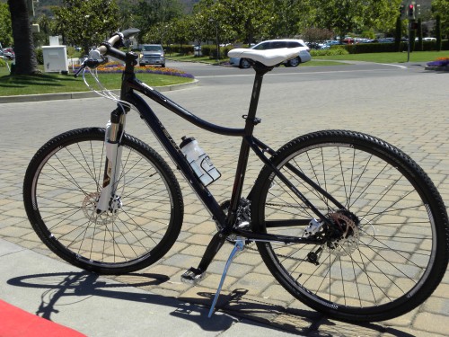 The Trek Neko SL bike is a combination mountain bike and road bike – mountain bike tires on a road bike frame.