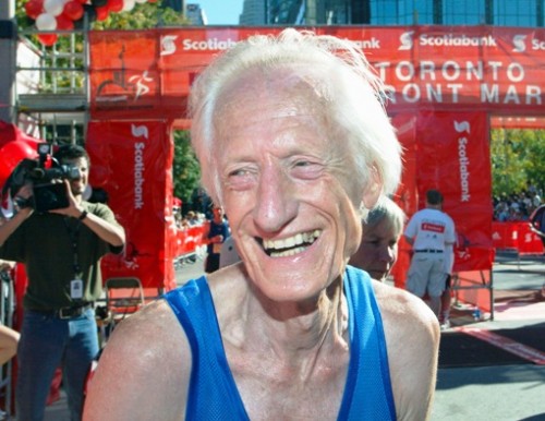 Ed at the Finish of STWM 2004. On Sunday Whitlock broke the masters marathon record for an 82-year-old.