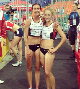 Chantelle Groenewoud and Jessica Furlan celebrate their PBs after the race in Russia. Photo: Jessica Furlan.