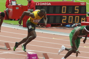 In this shot from half a second into the 100m at the 2012 Olympics, Usain Bolt would be approaching an astounding power output of about 2,600 watts. Photo: Nick Webb.
