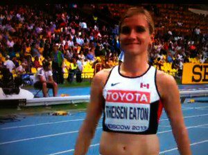 Brianne Theisen Eaton at the start line of the 800m, the final event of the women's heptathlon.