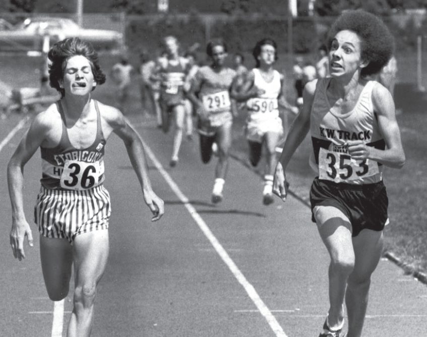 Malcolm Gladwell (left) and Dave Reid coming into the finish at an Ontario school race in 1978. Photo: Bob Olsen.