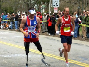 Double-leg amputee Richard Whitehead running the 2009 Boston Marathon. Photo: Rob Larsen.