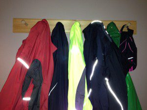 running jackets in varying states of cleanliness