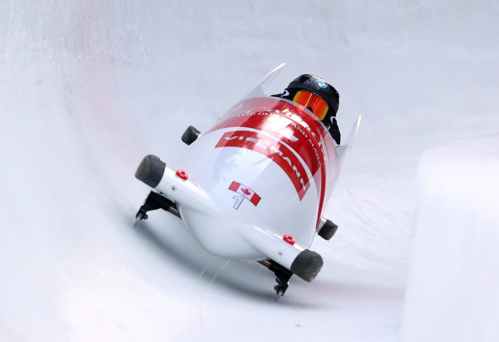 Kaillie Humphries finishing a run (I would still be trying to launch my bobsleigh)