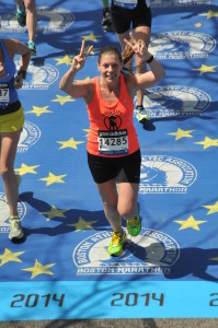 Kara Bonneau finishing the 2014 Boston Marathon