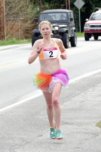 Doerksen in a tutu en route to her win and big PB at the Sunshine Coast April Fool's Half-Marathon.