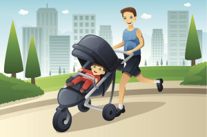 man pushing stroller with baby