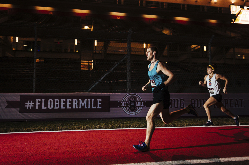 Canadian Corey Gallagher heads down the straight away trailed closely by Australian Jack Colreavy at the Flotrack Beer Mile World Championships in Austin, Texas. Photo: Josh Baker, Flocasts.