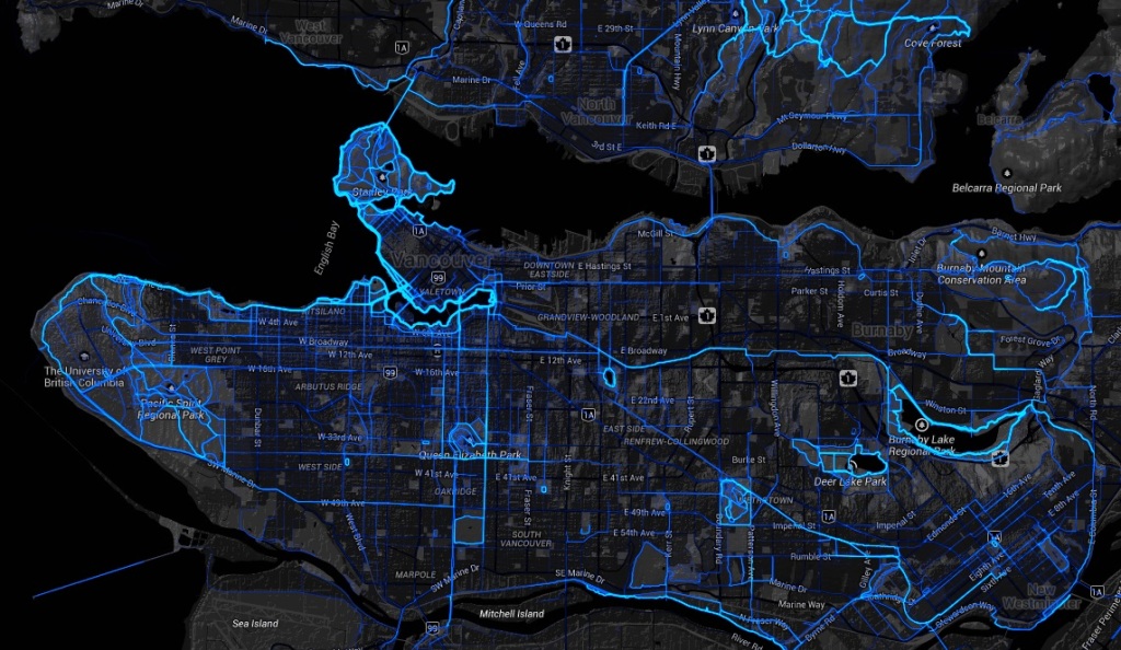 Strava heat map of Vancouver