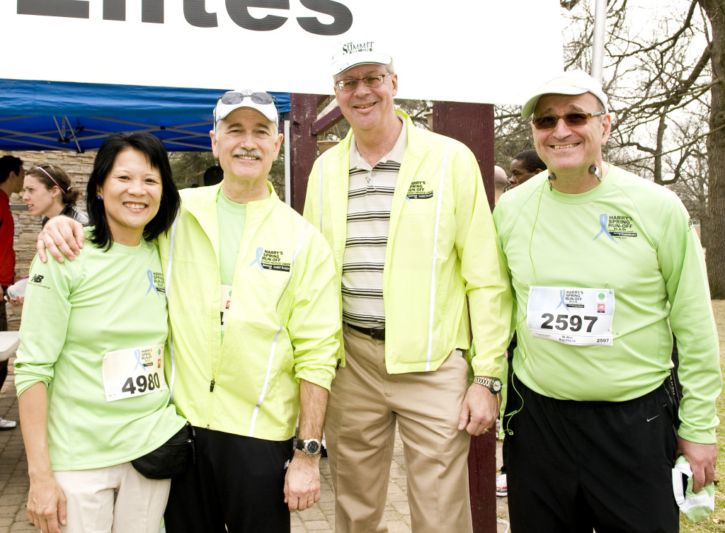 L-R, Olivia Chow, the late MP Jack Layton, the late CITY TV personality Mark Dailey and Larry Rosen (CEO of Harry Rosen Inc.) after the 2010 Harry's Spring Run-Off 8k. Both Layton and Dailey had been diagnosed with prostate cancer. Photo Credit: Inge Johnson, Canada Running Series