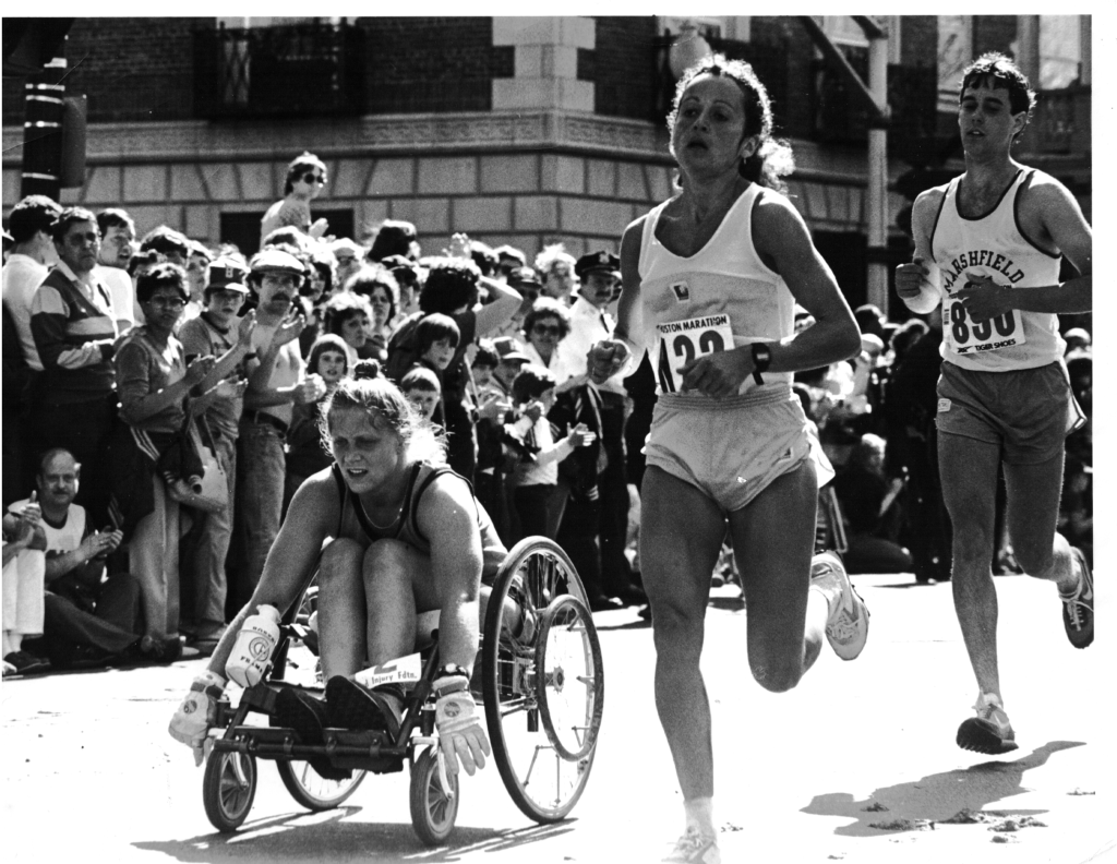 Jacqueline Gareau winning the women's race at the 1980 Boston Marathlon in a time of 2:34:28 Credit: Courtesy of Jacqueline Gareau