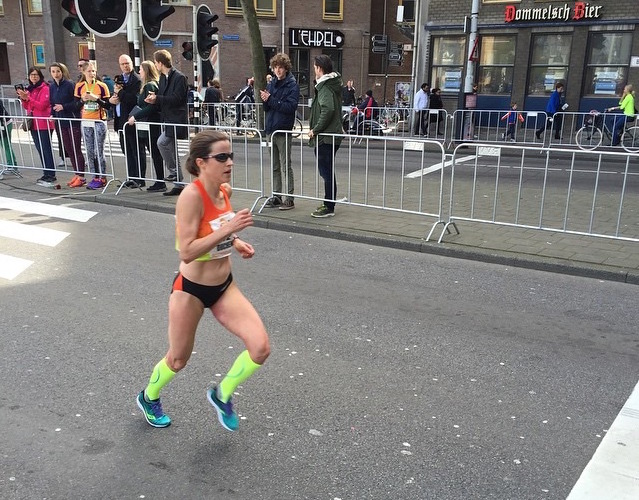 Krista DuChene en route to a third place finish at the Rotterdam Marathon. Photo: David Hiddleston