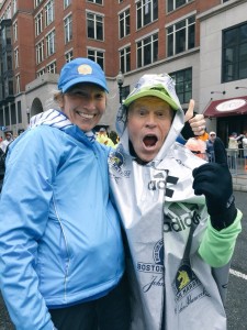 Keijo Taivasslo with his daughter at the end of the 2015 Boston marathon.