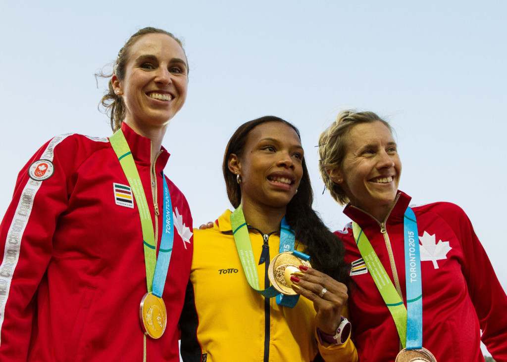 Nicole Sifuentes, Muriel Coneo and Sash Gollish on the women's 1,500m podium.