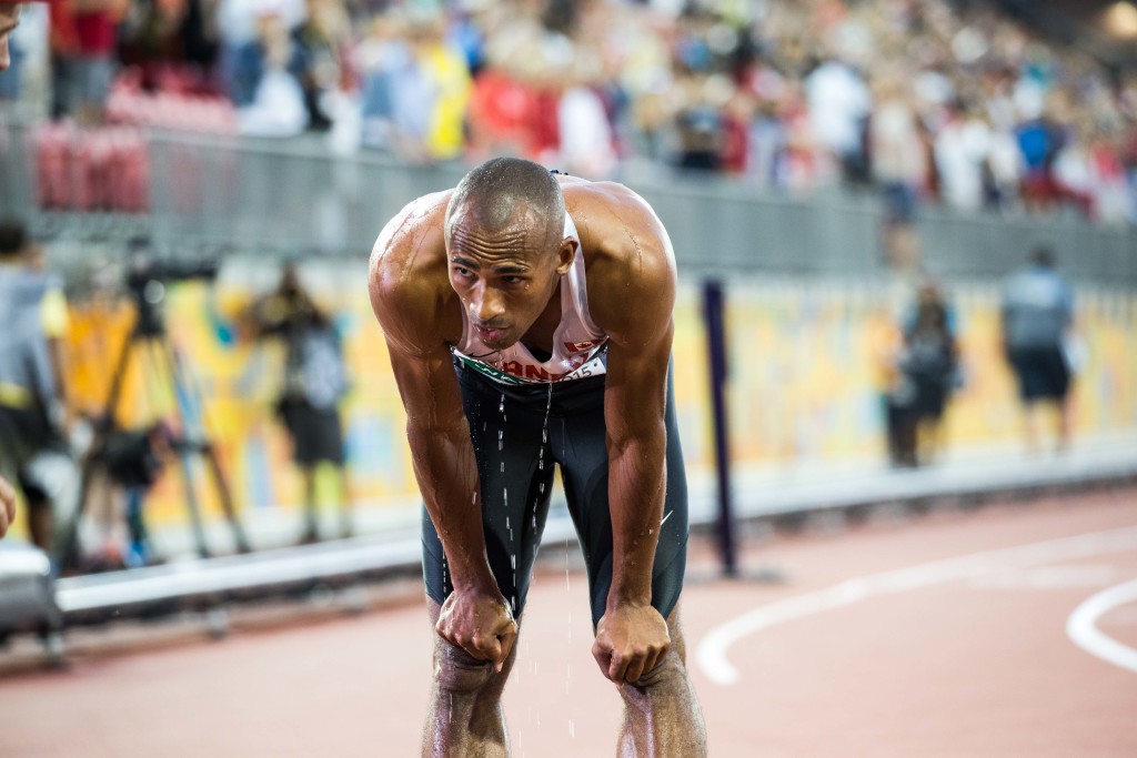 Damian Warner cools off after breaking the Canadian decathlon record.