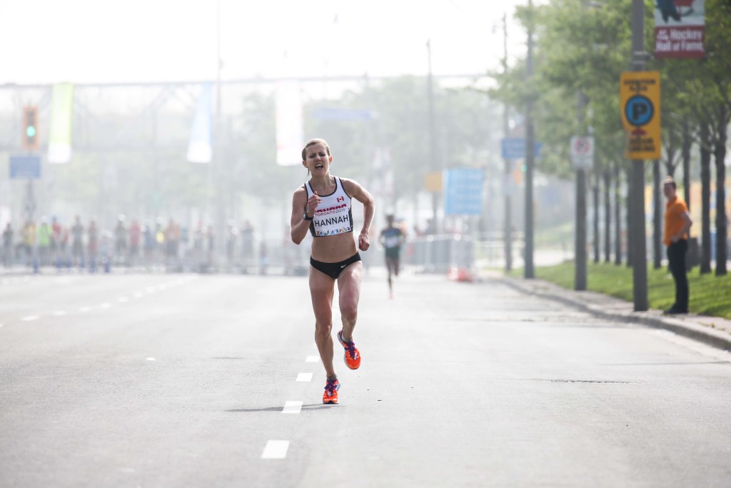 Canada's Rachel Hannah finishes the women's marathon.