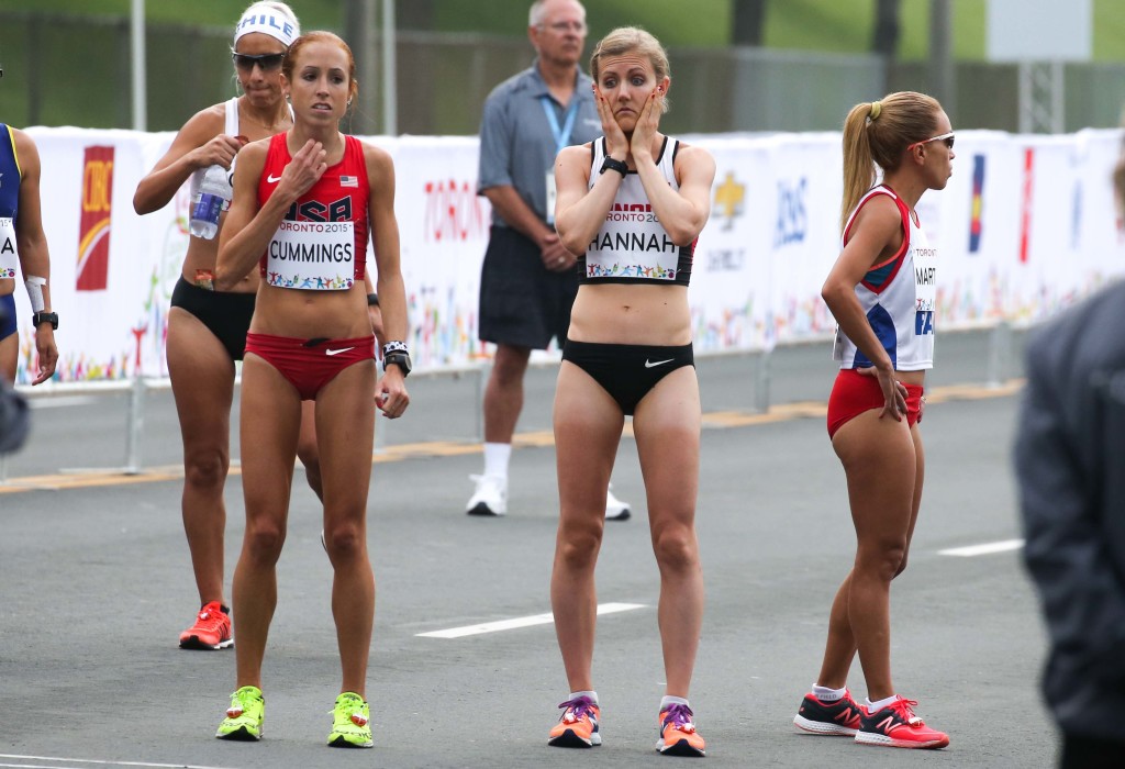 Rachel Hannah prepares to race the women's marathon at the Pan Am Games.