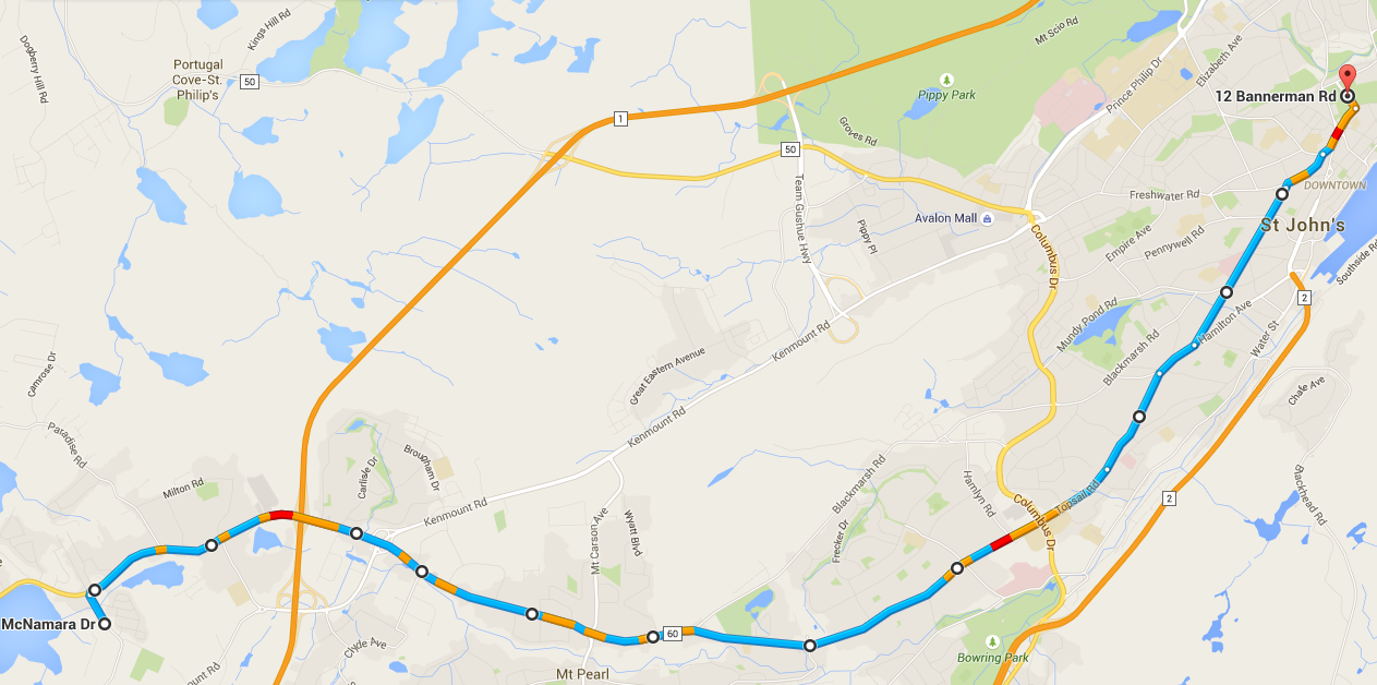The route of the Tely 10 Mile Road Race from McNamara Dr. in Paradise to Bannerman Park in St. John's.