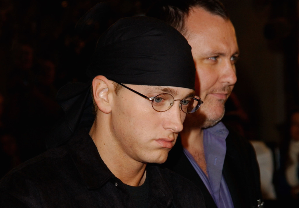 Actor/rapper Eminem attends the premiere of "8 Mile" at the Mann Village Theater on November 6, 2002 in Westwood, California.  (Photo by Jon Kopaloff/Getty Images)