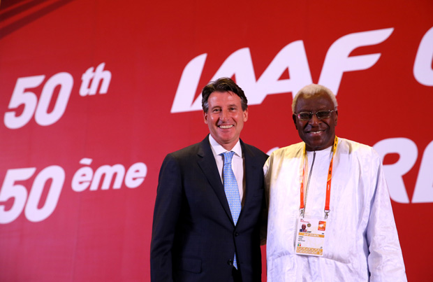 BEIJING, CHINA - AUGUST 19: Newly elected IAAF president Lord Sebastian Coe stands with outgoing president Lamine Diack during the 50th IAAF Congress at the China National Convention Centre, CNCC on August 19, 2015 in Beijing, China. (Photo by Alexander Hassenstein/Getty Images for IAAF)