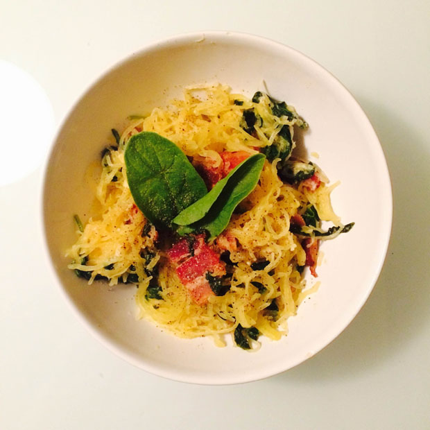 Bacon, spinach and goat cheese spaghetti squash