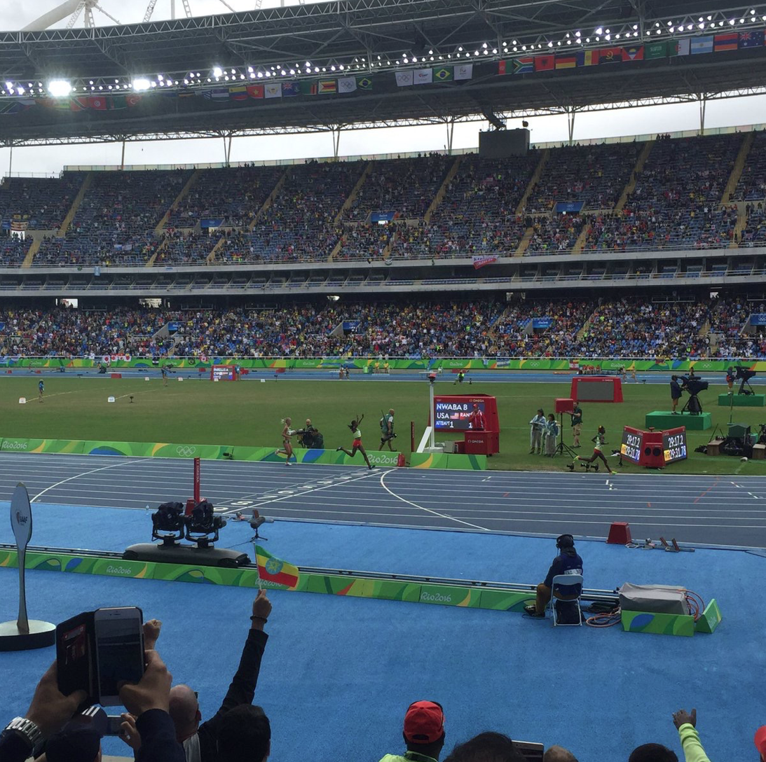 Almaz Ayana crossing the finish line in Rio in a world record time.