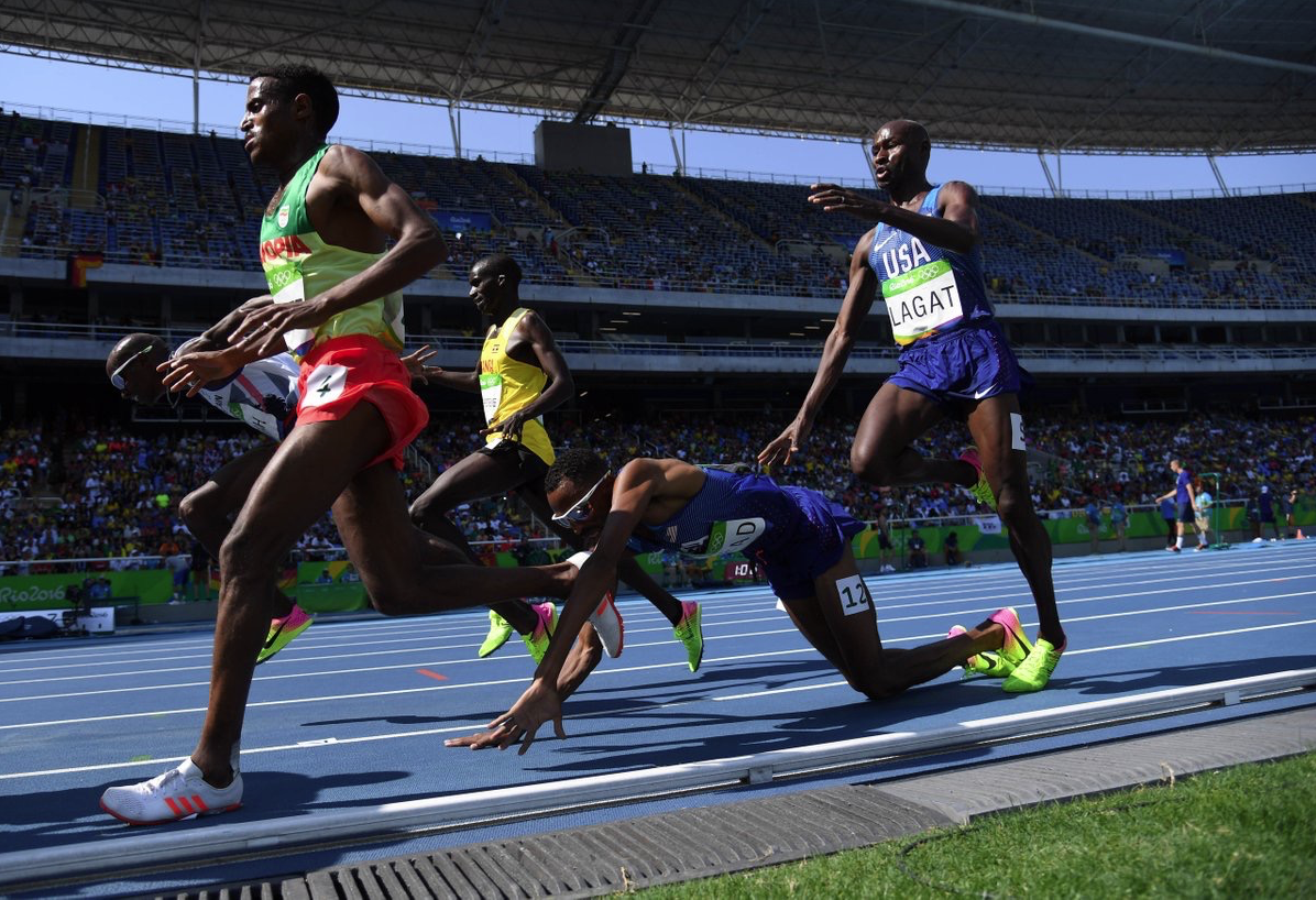 Hassan Mead falls badly in the men's 5000m heat in Rio. Photo: USATF