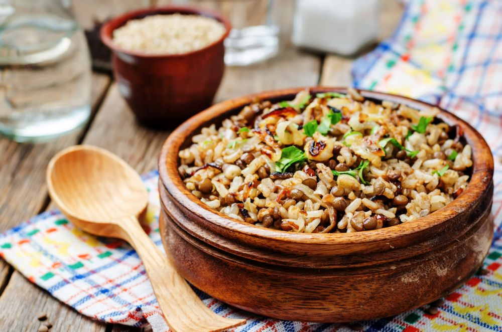 Lentils and rice with Crispy Onions and Parsley