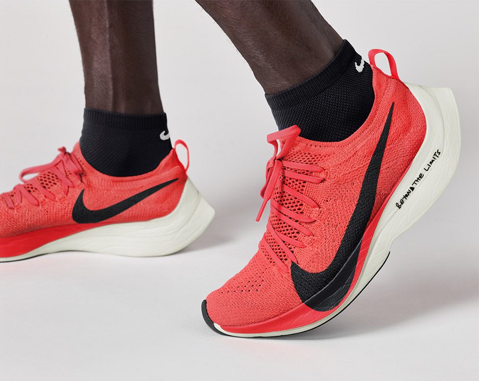 A pair of Nike ZoomX Vaporfly NEXT% running shoes, a prototype version of  which was worn by Kenyan long-distance runner Eliud Kipchoge when he ran  the Vienna marathon in October 2019 in